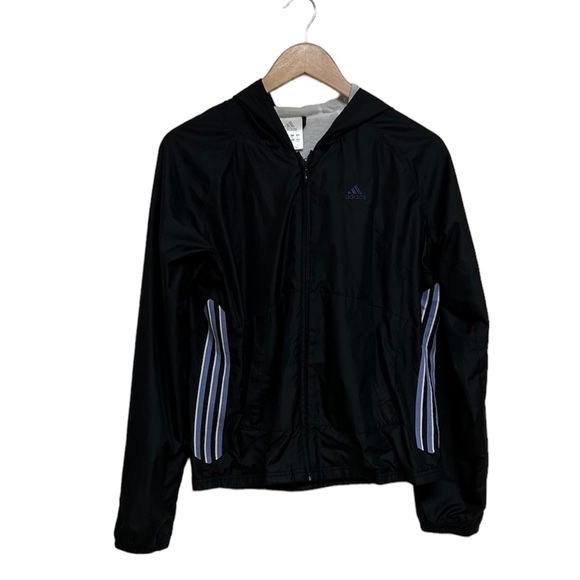 EUC Adidas Windbreaker with Hood in Black with Violet & White Stripes - Picture 10 of 10